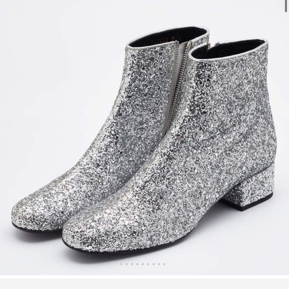 Saint Laurent Caleb Silver Glitter Ankle Boots Zip Made in Italy | Size 39.5